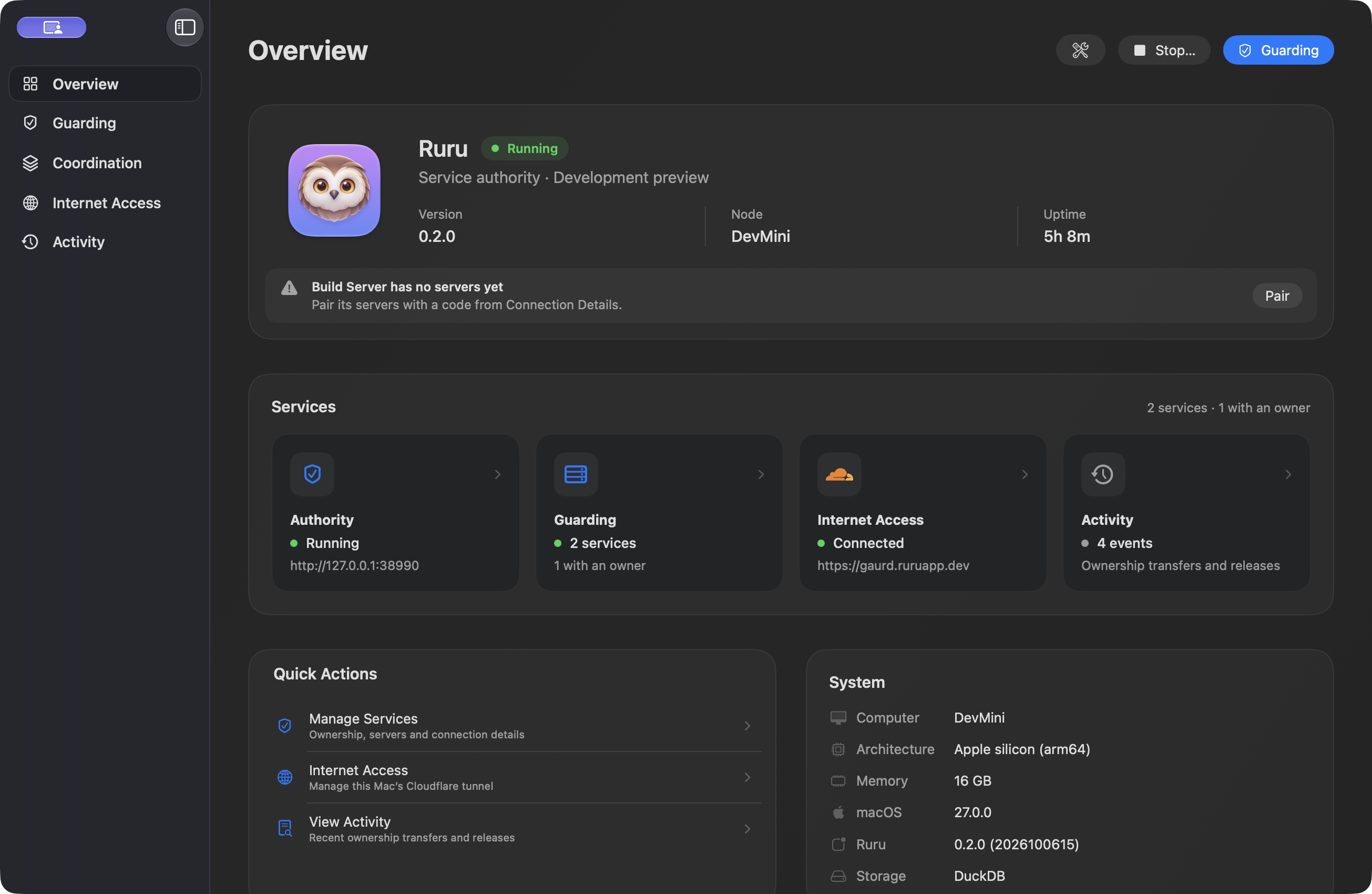 Ruru Overview console with authority status, services, Internet Access, and activity